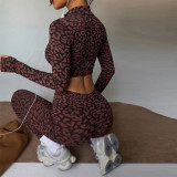 Leopard Print Zip-Up Long Sleeve and Pants Yoga Set