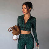 Leopard Print Zip-Up Long Sleeve and Pants Yoga Set