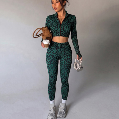Leopard Print Zip-Up Long Sleeve and Pants Yoga Set