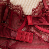 Wine Red Lace Sexy Bodysuit with Cut-Out Design and Gloves