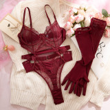 Wine Red Lace Sexy Bodysuit with Cut-Out Design and Gloves