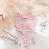 Eyelash Lace Sheer Lingerie Set with Bra, Garter Belt