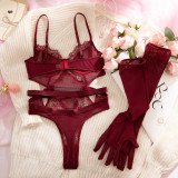 Wine Red Lace Sexy Bodysuit with Cut-Out Design and Gloves