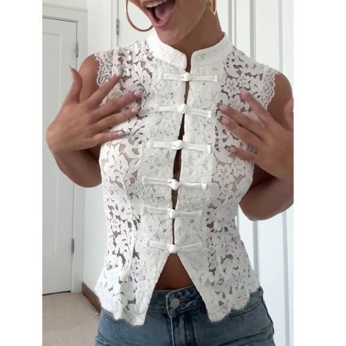 Lace Button Sleeveless Stand Collar Vest Top