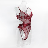 Wine Red Lace Sexy Bodysuit with Cut-Out Design and Gloves