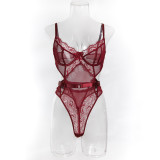 Wine Red Lace Sexy Bodysuit with Cut-Out Design and Gloves