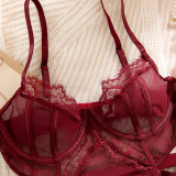 Wine Red Lace Sexy Bodysuit with Cut-Out Design and Gloves