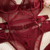 Wine Red Lace Sexy Bodysuit with Cut-Out Design and Gloves