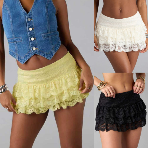 Low Waist Layered Solid Color Lace Ruffled Skirt Pants