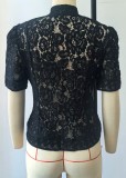 Fashionable Lace Appliqué Stand Collar Fitted Short Sleeve Shirt