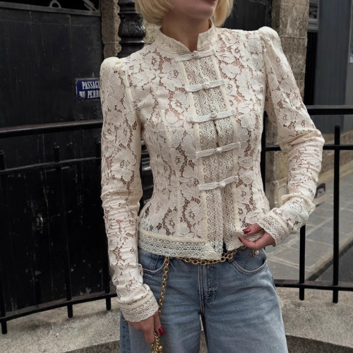 Lace Appliqué Stand Collar Fitted Design Shirt