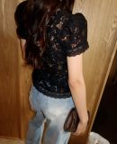 Fashionable Lace Appliqué Stand Collar Fitted Short Sleeve Shirt