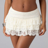 Low Waist Layered Solid Color Lace Ruffled Skirt Pants
