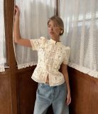 Fashionable Lace Appliqué Stand Collar Fitted Short Sleeve Shirt
