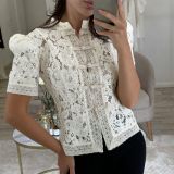 Fashionable Lace Appliqué Stand Collar Fitted Short Sleeve Shirt