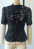 Fashionable Lace Appliqué Stand Collar Fitted Short Sleeve Shirt