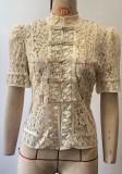 Fashionable Lace Appliqué Stand Collar Fitted Short Sleeve Shirt