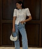 Fashionable Lace Appliqué Stand Collar Fitted Short Sleeve Shirt