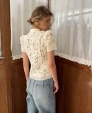 Fashionable Lace Appliqué Stand Collar Fitted Short Sleeve Shirt