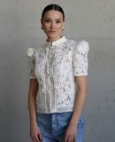 Fashionable Lace Appliqué Stand Collar Fitted Short Sleeve Shirt