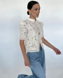 Fashionable Lace Appliqué Stand Collar Fitted Short Sleeve Shirt