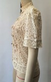 Fashionable Lace Appliqué Stand Collar Fitted Short Sleeve Shirt