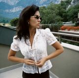 Fashionable Lace Appliqué Stand Collar Fitted Short Sleeve Shirt