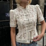 Fashionable Lace Appliqué Stand Collar Fitted Short Sleeve Shirt
