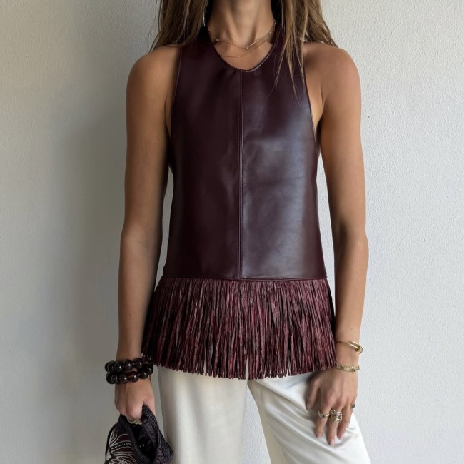 Sleeveless Sexy Leather Fringe Vest Top