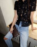 Fashionable Lace Appliqué Stand Collar Fitted Short Sleeve Shirt