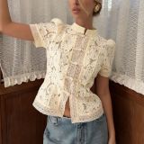 Fashionable Lace Appliqué Stand Collar Fitted Short Sleeve Shirt