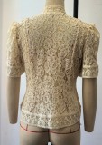 Fashionable Lace Appliqué Stand Collar Fitted Short Sleeve Shirt