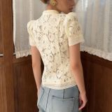 Fashionable Lace Appliqué Stand Collar Fitted Short Sleeve Shirt