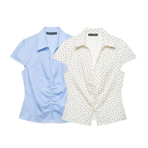 Short Sleeve Collared Pleated Waist Shirt