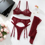 Sexy Three-Piece Cut-Out Back Shaping Lingerie Set with Stockings