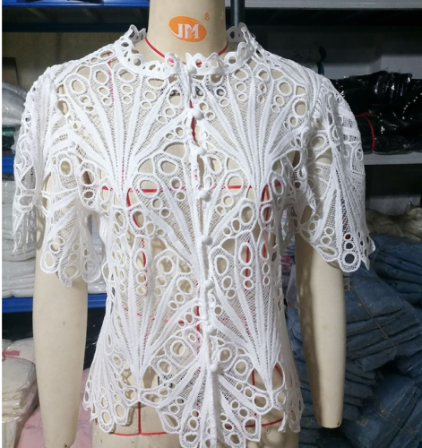 Chic Hollow Lace Stand Collar Short Sleeve Blouse