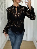 Chic Hollow Lace Stand Collar Flared Sleeve Blouse