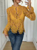 Chic Hollow Lace Stand Collar Flared Sleeve Blouse