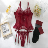 Sexy Three-Piece Cut-Out Back Shaping Lingerie Set with Stockings