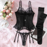 Sexy Three-Piece Cut-Out Back Shaping Lingerie Set with Stockings