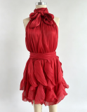 Chic Halter Neck Ruffled Waist Tie Sleeveless Dress