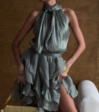 Chic Halter Neck Ruffled Waist Tie Sleeveless Dress