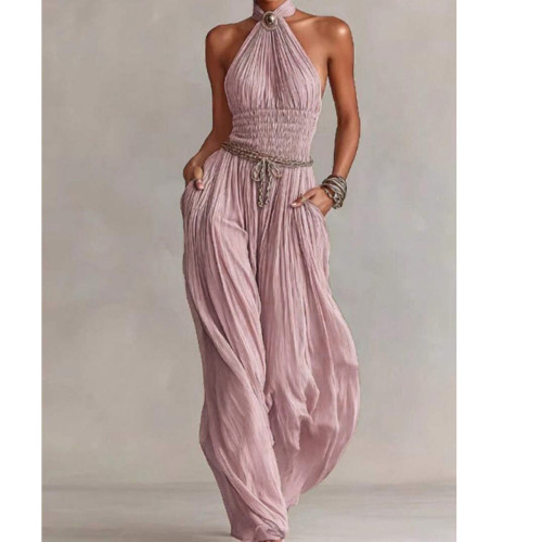 Trendy Halter Neck Pleated Wide-Leg Jumpsuit