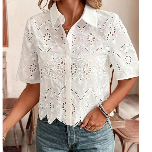 Solid Color Lace Short Sleeve Casual Shirt