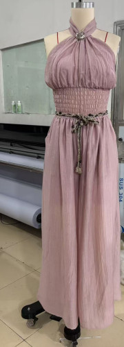 Trendy Halter Neck Pleated Wide-Leg Jumpsuit