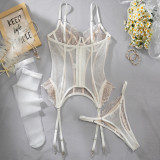Embroidered Backless Lingerie Set with Stockings