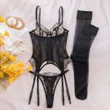 Embroidered Backless Lingerie Set with Stockings