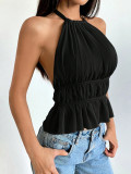 Chiffon Solid Color Round Neck Ruched Halter Top