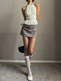 Chiffon Solid Color Round Neck Ruched Halter Top