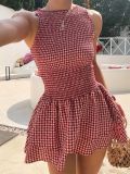 Sleeveless Plaid Waist-Defined Ruffled A-Line Dress